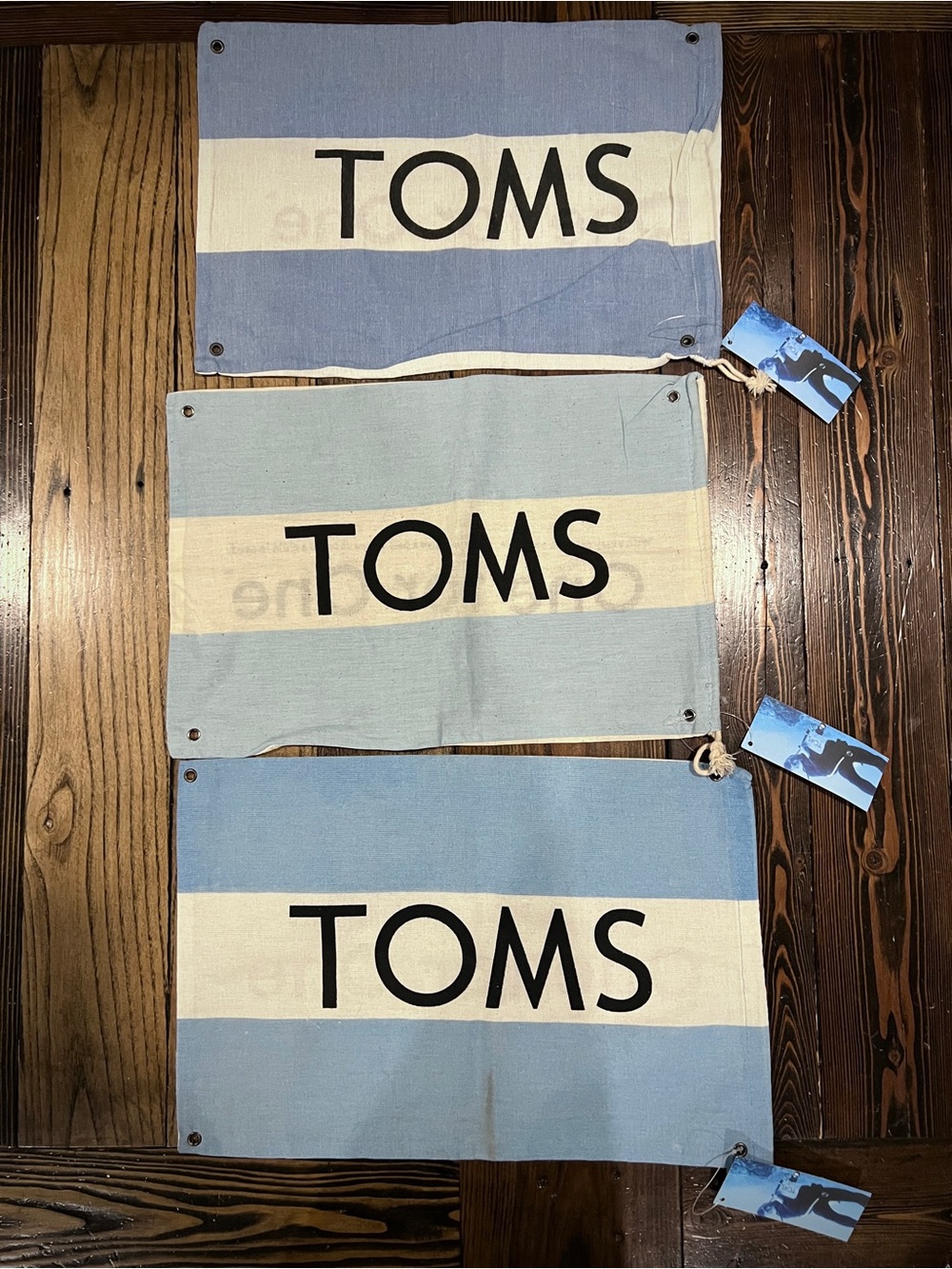 TOMS • NWT x3 canvas drawstring dust bags blue and white